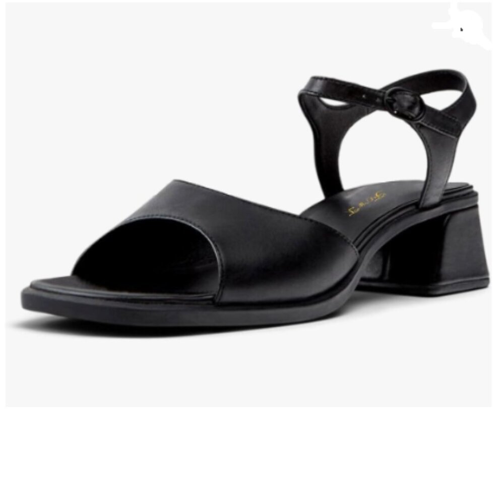 FOWT Black Square Open Toe Sandals Ankle Strap Block Low Heels Casual Shoes